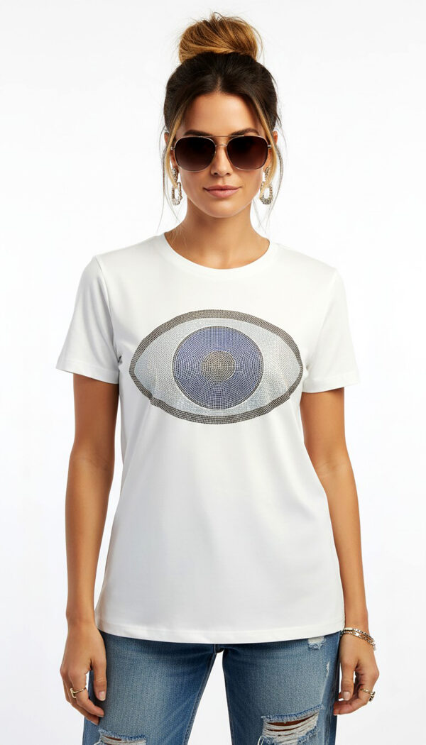 Weißes Damen Shirt Großhandel mit Evil Eye Print und Strass Vorderansicht