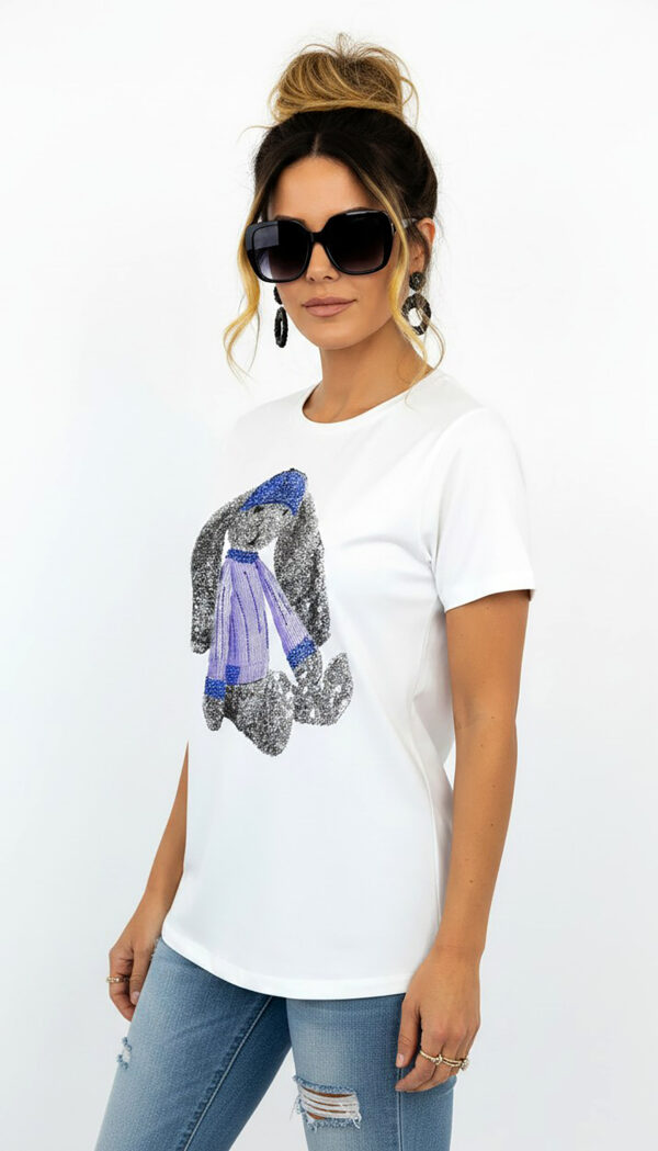 Weißes Damen Shirt Großhandel Teddy Print Strass Weißes Damen Shirt Großhandel mit Teddy Print und Strass Vorderansicht