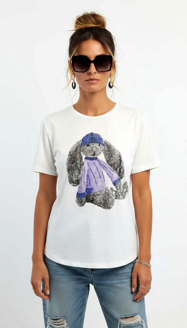 Weißes Damen Shirt Großhandel Teddy Print Strass Weißes Damen Shirt Großhandel mit Teddy Print und Strass Vorderansicht