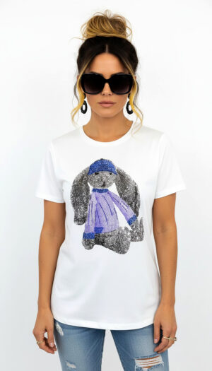 Weißes Damen Shirt Großhandel mit Teddy Print und Strass Vorderansicht