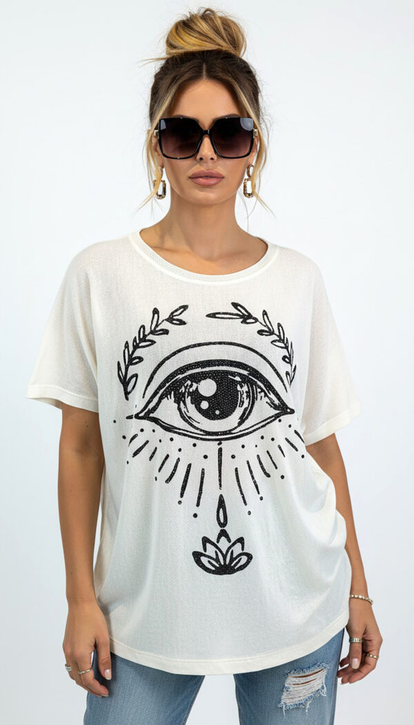 Weißes Oversize Damen T Shirt mit Strass Auge Print weißes oversize damen t shirt mit strass auge print