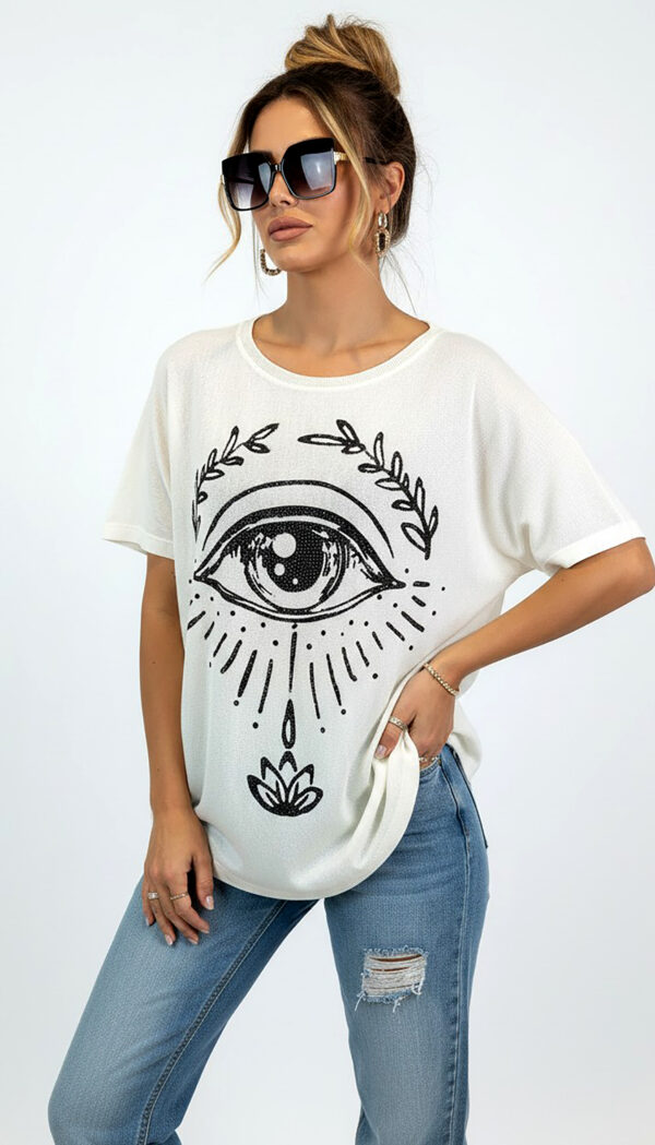 Weißes Oversize Damen T-Shirt mit Strass Auge Print Großhandel (5) weißes oversize damen t shirt mit strass auge print