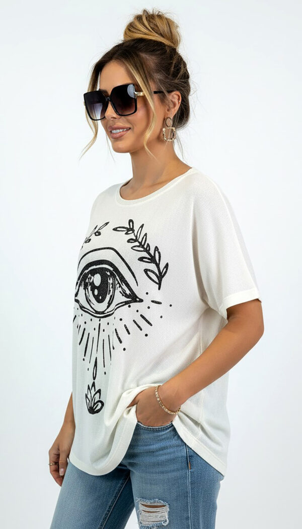 Weißes Oversize Damen T-Shirt mit Strass Auge Print Großhandel (6) weißes oversize damen t shirt mit strass auge print