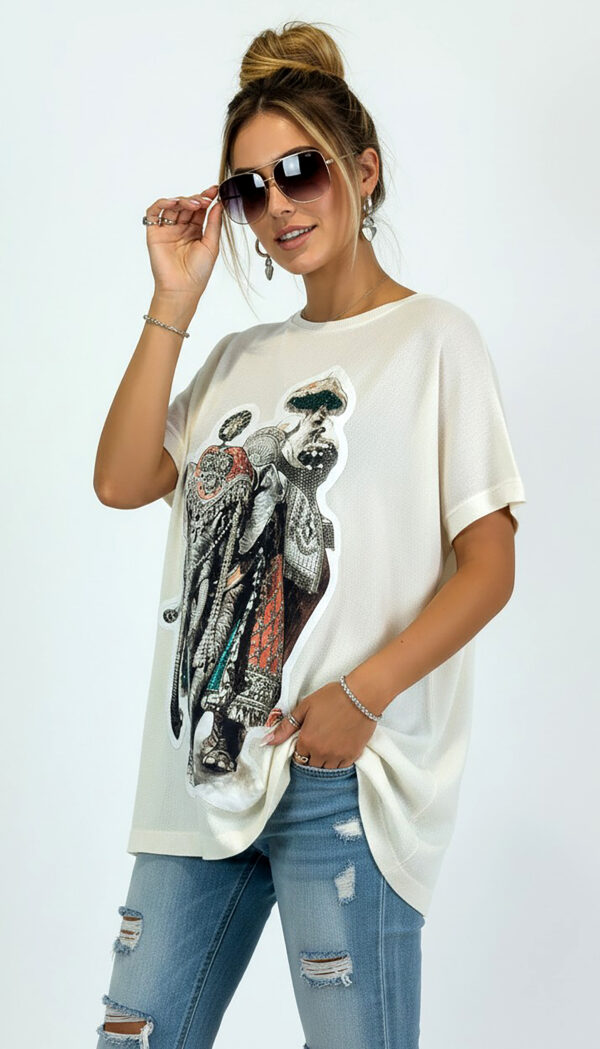 Weißes Oversize Damen T Shirt Elefant Print Weißes Oversize Damen T Shirt mit Strass Elefant Print Großhandel