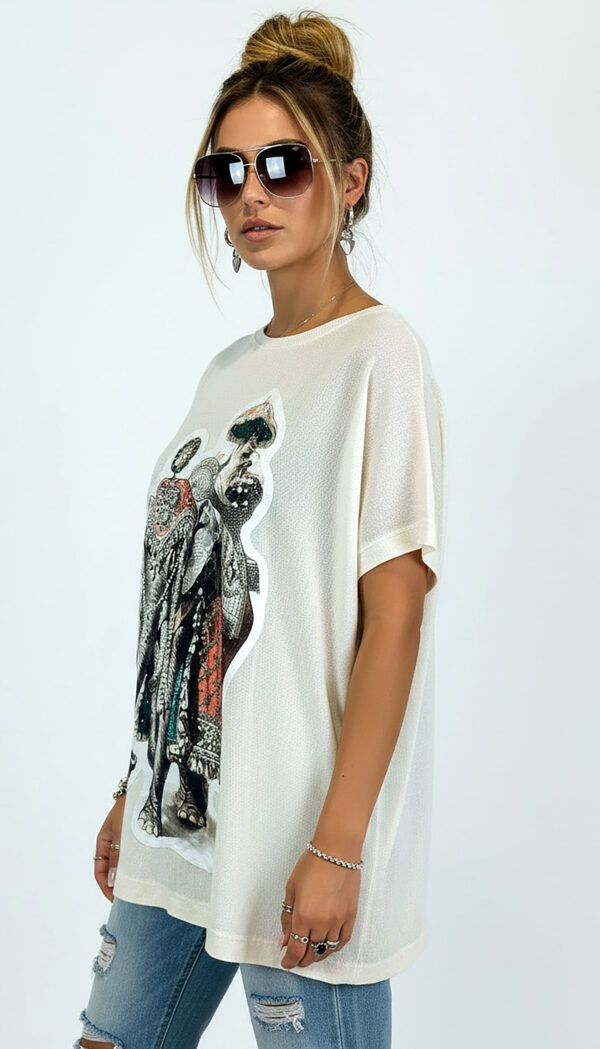 Weißes Oversize Damen T Shirt Elefant Print Weißes Oversize Damen T Shirt mit Strass Elefant Print Großhandel
