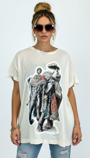 Weißes Oversize Damen T Shirt mit Strass Elefant Print Großhandel