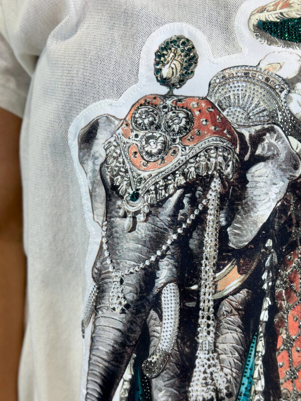 Weißes Oversize Damen T Shirt mit Strass Elefant Print Großhandel (5) Weißes Oversize Damen T Shirt mit Strass Elefant Print Großhandel