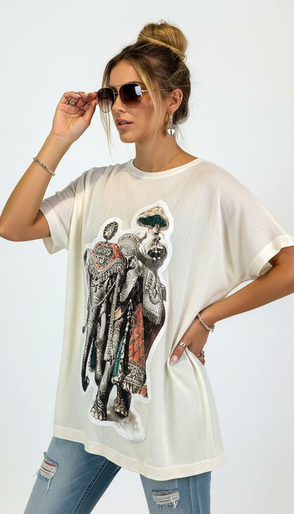 Weißes Oversize Damen T Shirt mit Strass Elefant Print Großhandel (6) Weißes Oversize Damen T Shirt mit Strass Elefant Print Großhandel