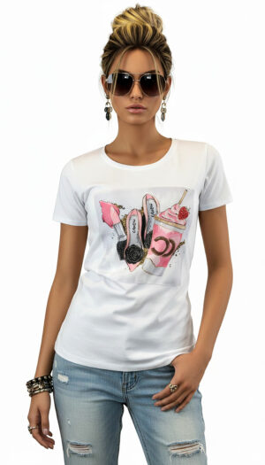 Weißes extravagantes Damen Shirt mit Strasssteinen und Fashion-Digitaldruck für stilbewusste Frauen, mode großhandel deutschland