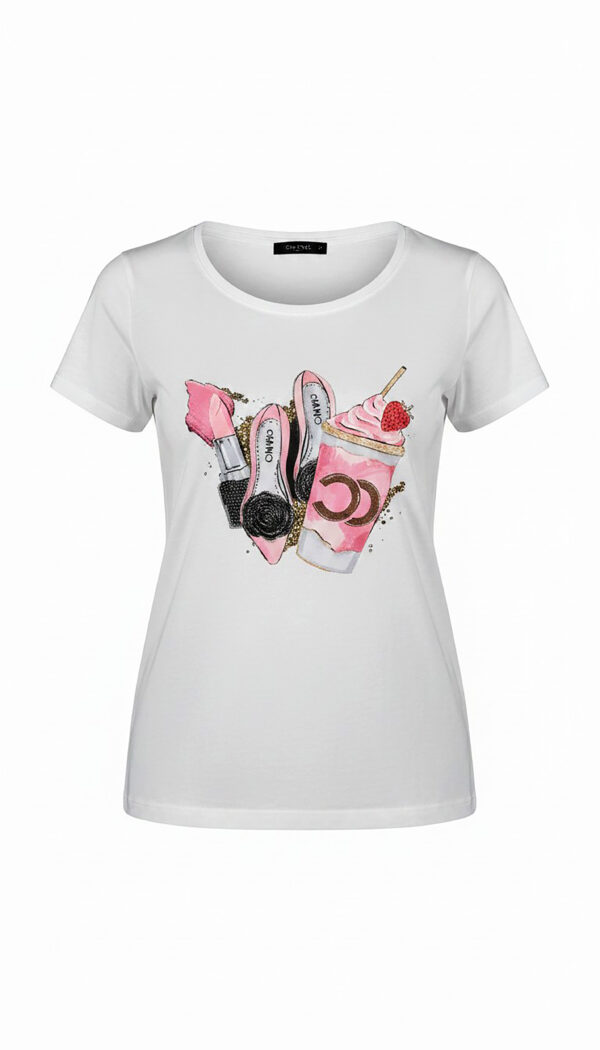 Weißes Damen Shirt mit Strass und Fashion-Digitaldruck Weißes extravagantes Damen Shirt mit Strasssteinen und Fashion-Digitaldruck für stilbewusste Frauen ab 40