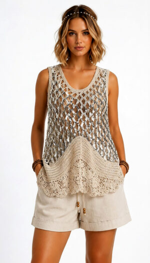 Beiges Häkeltop Großhandel, Boho Strick Top mit Pailletten Netzstrick und floraler Häkelspitze, rosemodee.de