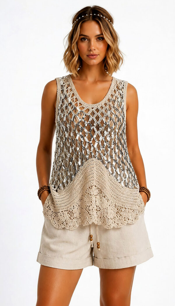 Beiges Häkeltop Großhandel, Pailletten Netzstrick im Boho Stil (1) Beiges Häkeltop Großhandel, Boho Strick Top mit Pailletten Netzstrick und floraler Häkelspitze, rosemodee.de
