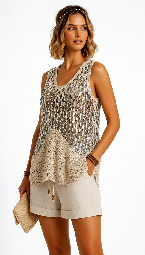 Beiges Häkeltop Großhandel, Pailletten Netzstrick im Boho Stil (4) Beiges Häkeltop Großhandel, Boho Strick Top mit Pailletten Netzstrick und floraler Häkelspitze, rosemodee.de