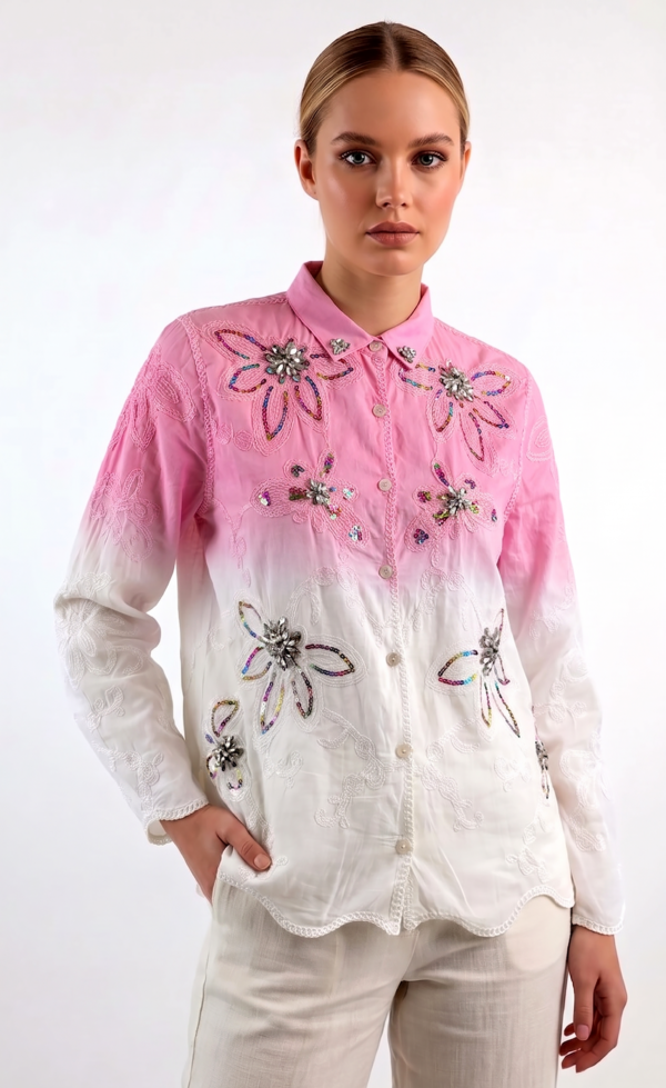 Bestickte Baumwollbluse mit Farbverlauf und Strass (1) Bestickte Baumwollbluse mit Farbverlauf und Strass in Rosa-Weiß