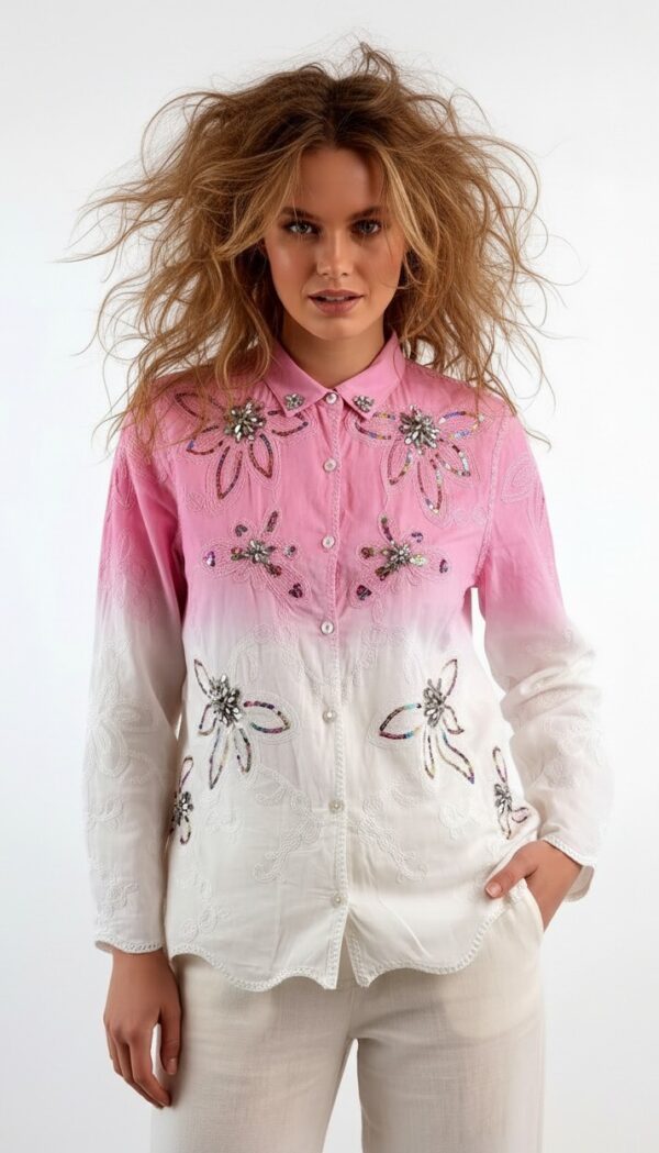 Bestickte Baumwollbluse mit Farbverlauf und Strass (7) Bestickte Baumwollbluse mit Farbverlauf und Strass in Rosa-Weiß