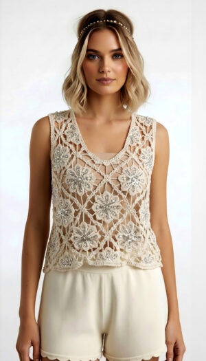 Boho Blumen Häkel Top mit Pailletten, Perlen und Steinen in Naturbeige im Ibiza Style