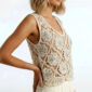 Boho Blumen Häkel Top mit Pailletten, Perlen und Steinen in Naturbeige im Ibiza Style