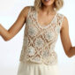 Boho Blumen Häkel Top mit Pailletten, Perlen und Steinen in Naturbeige im Ibiza Style