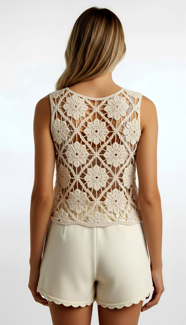 Boho Blumen Häkel Top mit Pailletten, Perlen und Steinen – Beiges Ibiza Style Damen Crochet Top (8) Boho Blumen Häkel Top mit Pailletten, Perlen und Steinen in Naturbeige im Ibiza Style
