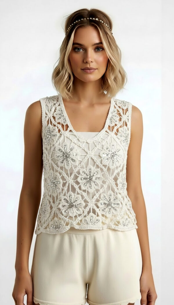 Boho Blumen Häkel Top mit Pailletten, Perlen und Steinen – Weißes Ibiza Style Damen Top (1) Boho Blumen Häkel Top mit Pailletten, Perlen und Steinen im weißen Ibiza Style