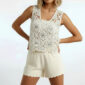 Boho Blumen Häkel Top mit Pailletten, Perlen und Steinen im weißen Ibiza Style
