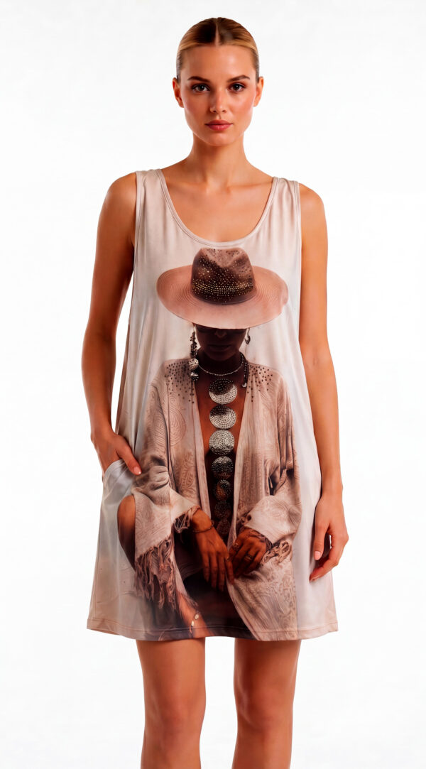 Boho Fotoprint Tunikakleid Großhandel, fotorealistisches Hut Motiv mit Strasskette und Paisley Schal, rosemodee.de
