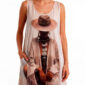 Boho Fotoprint Tunikakleid Großhandel, fotorealistisches Hut Motiv mit Strasskette und Paisley Schal, rosemodee.de