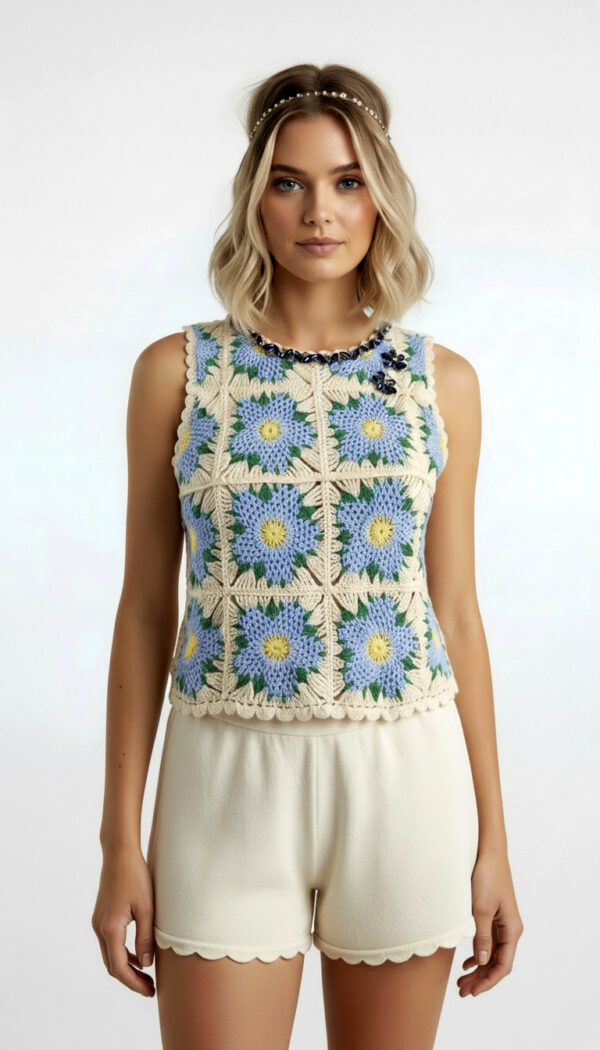 Boho Granny Square Häkel Top in Hellblau Creme mit Blumenmuster und Schmucksteinen am Kragen