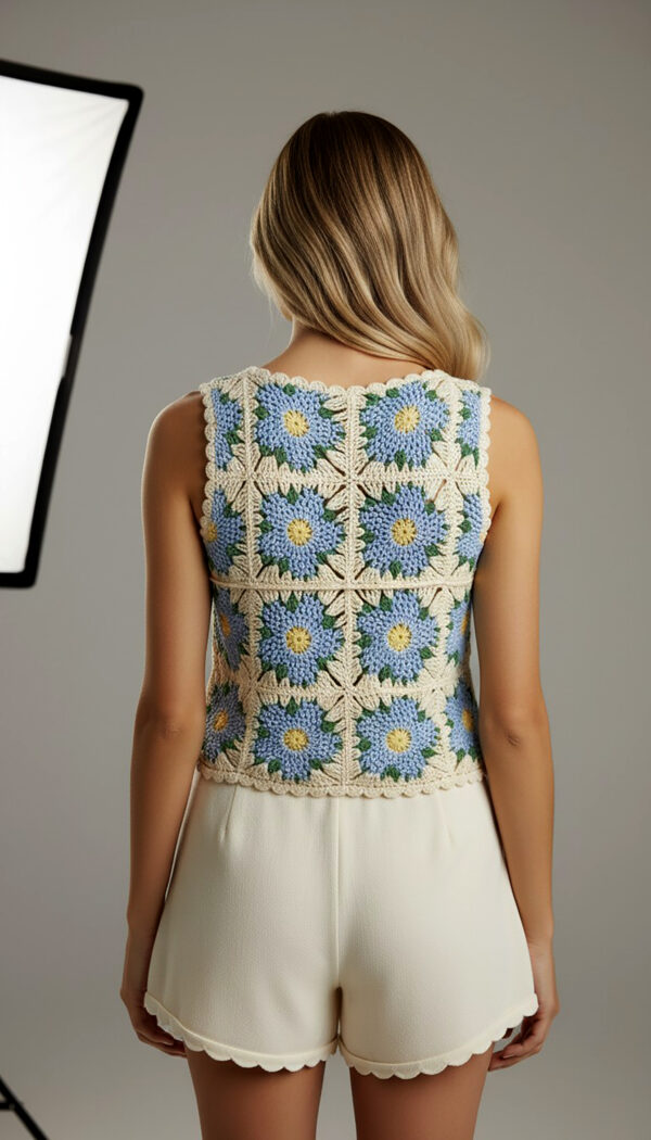 Boho Granny Square Häkel Top in Hellblau Creme mit Blumenmuster und Schmucksteinen am Kragen (6) Boho Granny Square Häkel Top in Hellblau Creme mit Blumenmuster und Schmucksteinen am Kragen