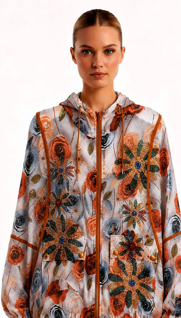 Bunte Blumenjacke Großhandel, Kapuze mit Strassblüten und Glitzertropfen, Oversize (3) Bunte Blumenjacke Großhandel, Oversize Kapuzenjacke mit Rosenprint, Glitzertropfen und Strassblüten, rosemodee.de