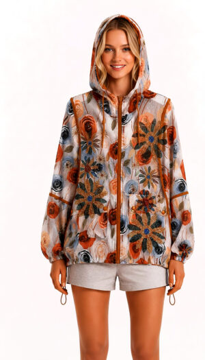 Bunte Blumenjacke Großhandel, Oversize Kapuzenjacke mit Rosenprint, Glitzertropfen und Strassblüten, rosemodee.de