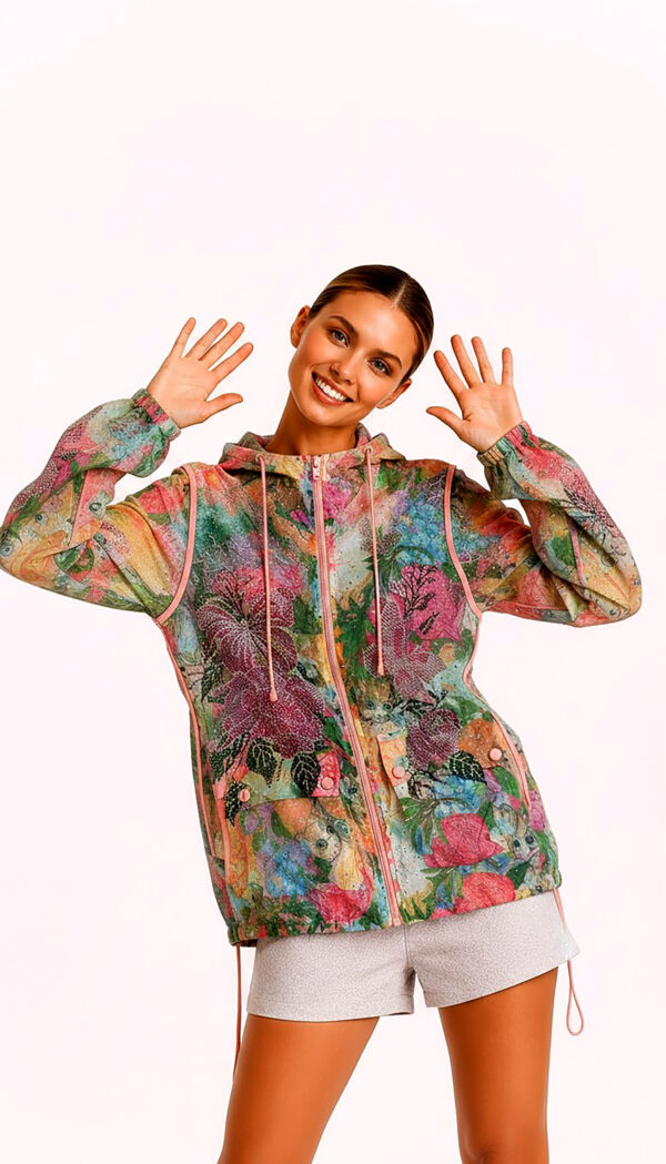 Bunte Katzenjacke Großhandel, Blumenprint mit Strassrosen und Glitzertropfen (2) Bunte Katzenjacke Großhandel, Oversize Kapuzenjacke mit Blumenprint, versteckten Katzenmotiven und Strassrosen, rosemodee.de
