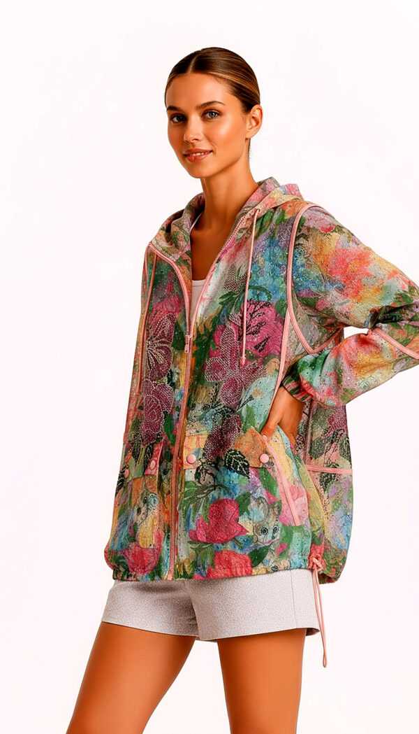 Bunte Katzenjacke Großhandel, Blumenprint mit Strassrosen und Glitzertropfen (4) Bunte Katzenjacke Großhandel, Oversize Kapuzenjacke mit Blumenprint, versteckten Katzenmotiven und Strassrosen, rosemodee.de