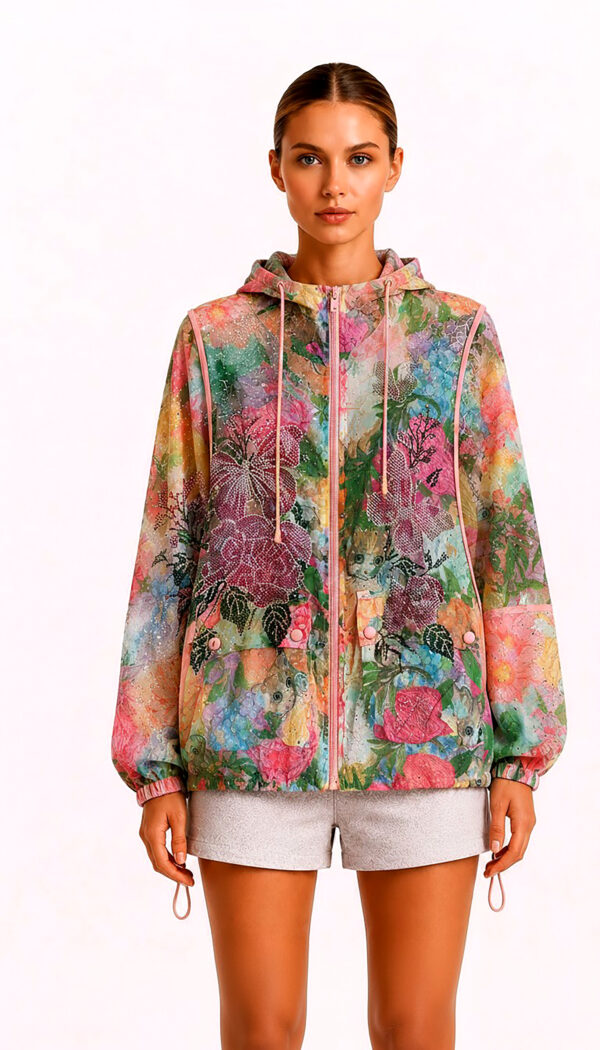 Bunte Katzenjacke Großhandel, Oversize Kapuzenjacke mit Blumenprint, versteckten Katzenmotiven und Strassrosen, rosemodee.de