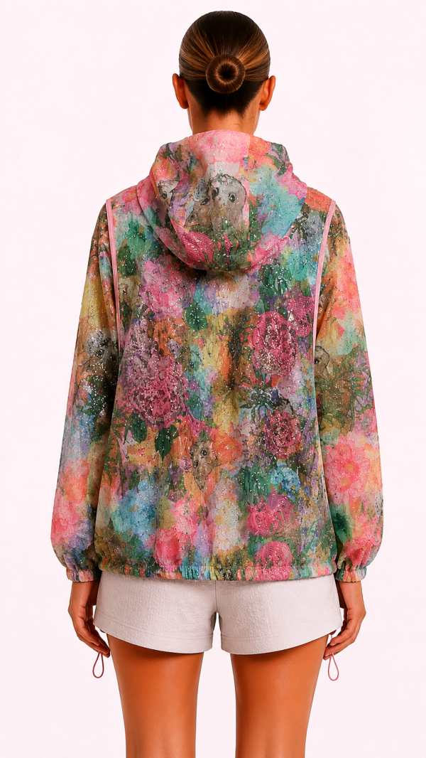 Bunte Katzenjacke Großhandel, Blumenprint mit Strassrosen und Glitzertropfen (6) Bunte Katzenjacke Großhandel, Oversize Kapuzenjacke mit Blumenprint, versteckten Katzenmotiven und Strassrosen, rosemodee.de