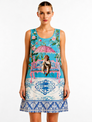 Chinoiserie Tunikakleid Großhandel, Affenmotiv mit Strasssonnenschirm, Strassbank und mediterranem Fliesensaum, rosemodee.de