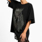 Dark Queen Strass Oversize Shirt Schwarz mit Gothic Print und hochwertigen Strassteinen