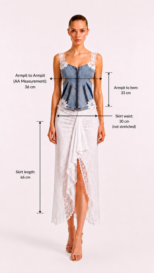 Denim Spitzen Zweiteiler Grosshandel (2) Denim Spitzen Zweiteiler Großhandel – Korsett-Top mit Cut-outs, Spitzenträgern, Blumenapplikationen und langer weißer Spitzenrock mit Schlitz – rosemodee.de