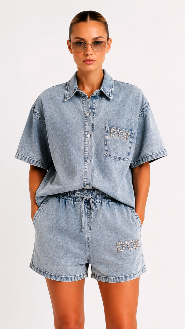 Denim Zweiteiler Großhandel Damen (2) Denim Zweiteiler Großhandel Damen – Oversize Acid-Wash-Jeanshemd mit „D'OR"-Steinapplikation und passende Denim-Shorts mit Gummibund – rosemodee.de