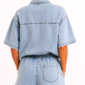 Denim Zweiteiler Großhandel Damen – Oversize Acid-Wash-Jeanshemd mit „D'OR"-Steinapplikation und passende Denim-Shorts mit Gummibund – rosemodee.de