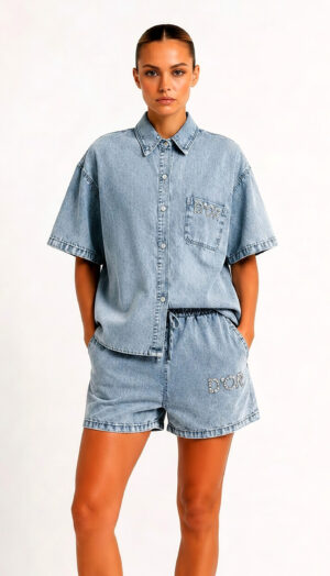 Denim Zweiteiler Großhandel Damen – Oversize Acid-Wash-Jeanshemd mit „D'OR"-Steinapplikation und passende Denim-Shorts mit Gummibund – rosemodee.de