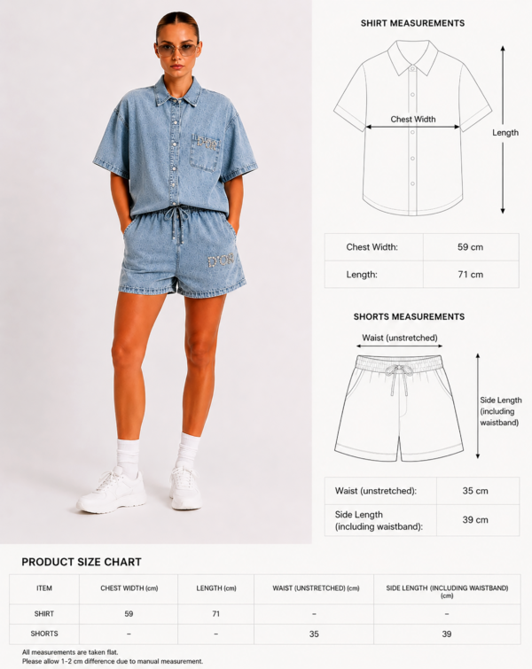 Denim Zweiteiler Großhandel Damen (5) Denim Zweiteiler Großhandel Damen – Oversize Acid-Wash-Jeanshemd mit „D'OR"-Steinapplikation und passende Denim-Shorts mit Gummibund – rosemodee.de