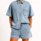 Denim Zweiteiler Großhandel Damen – Oversize Acid-Wash-Jeanshemd mit „D'OR"-Steinapplikation und passende Denim-Shorts mit Gummibund – rosemodee.de