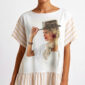 Elegantes Oversize Shirt mit Fashion Lady Print und Strassdetails in Beige-Weiß