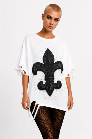 Fleur-de-Lis Strass Oversize Shirt Weiß mit Lilienwappen und hochwertigen Strassteinen
