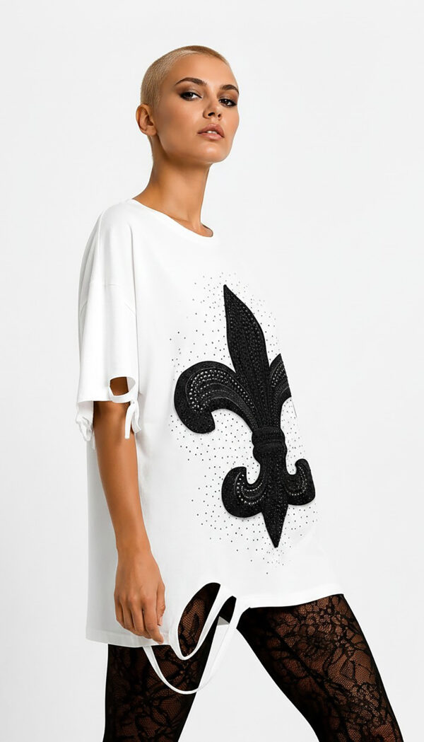 Fleur-de-Lis Strass Oversize Shirt Großhandel Lot 2 Stück – Gothic Damen Longshirt Weiß (2) Fleur-de-Lis Strass Oversize Shirt Weiß mit Lilienwappen und hochwertigen Strassteinen