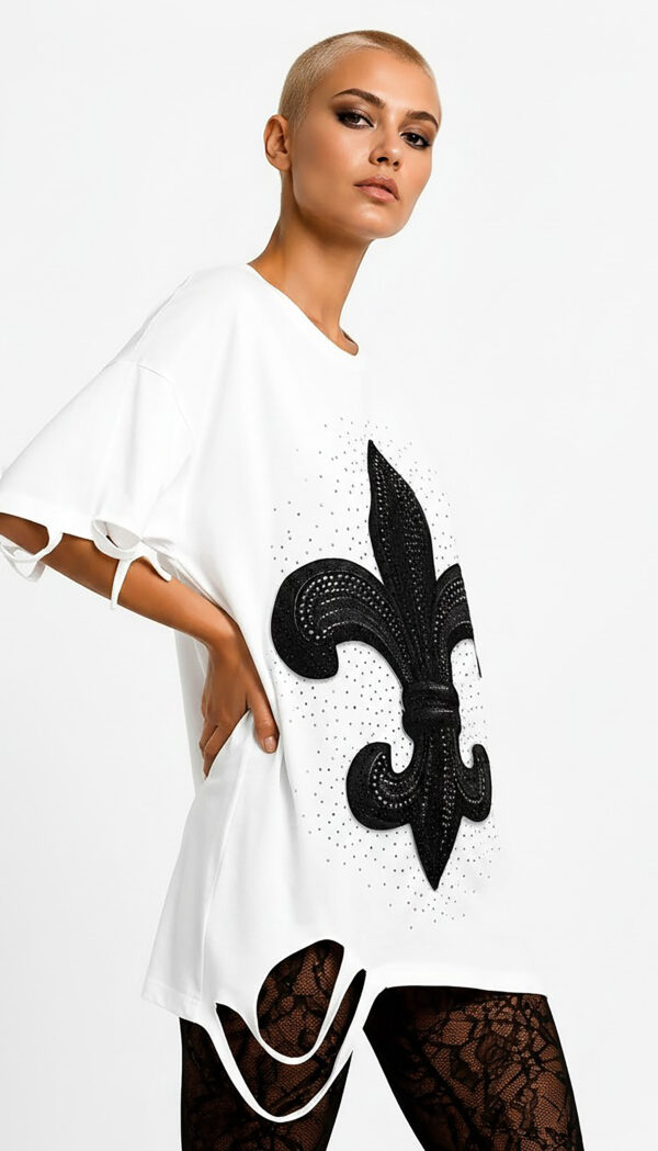 Fleur-de-Lis Strass Oversize Shirt Großhandel Lot 2 Stück – Gothic Damen Longshirt Weiß (3) Fleur-de-Lis Strass Oversize Shirt Weiß mit Lilienwappen und hochwertigen Strassteinen