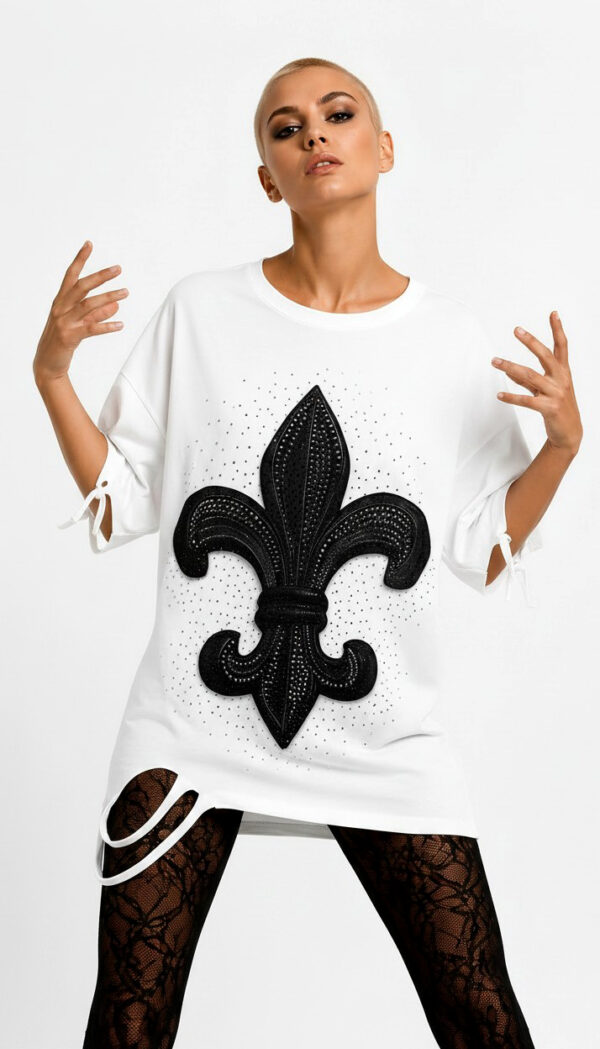 Fleur-de-Lis Strass Oversize Shirt Großhandel Lot 2 Stück – Gothic Damen Longshirt Weiß (4) Fleur-de-Lis Strass Oversize Shirt Weiß mit Lilienwappen und hochwertigen Strassteinen