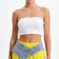 Gelbe Cargohose Großhandel, Regenstoff Hose mit Denim Applikation, Strassbesatz und Cargotaschen, 3er Lot M bis XL, rosemodee.de