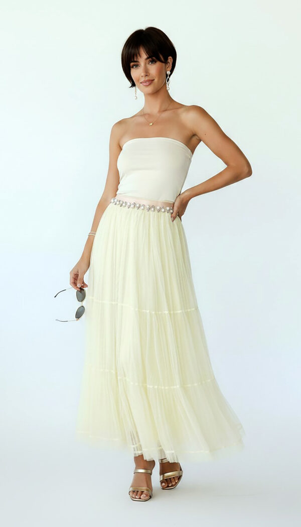 Gelbe Oversize Damen Tüllrock Maxi mit Perlendetails – Langer Damenrock Großhandel (10) Gelbe Oversize Damen Tüllrock Maxi mit Perlendetails